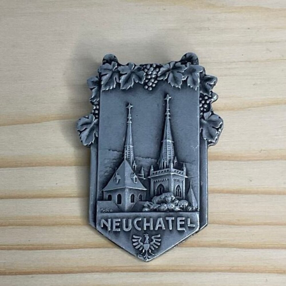 Vintage Paul Kramer Neuchatel Pewter Souvenir Pin Brooch Gothic Church Detailing